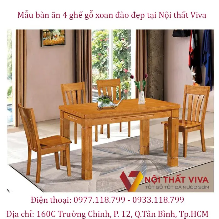 Mẫu bàn ăn 4 ghế gỗ xoan đào đẹp nổi bật, phù hợp nhiều không gian.