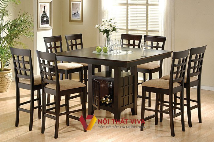 Bộ bàn ăn 8 ghế hình vuông đẹp, gỗ tự nhiên sang trọng, có ngăn để đồ dưới chân bàn.