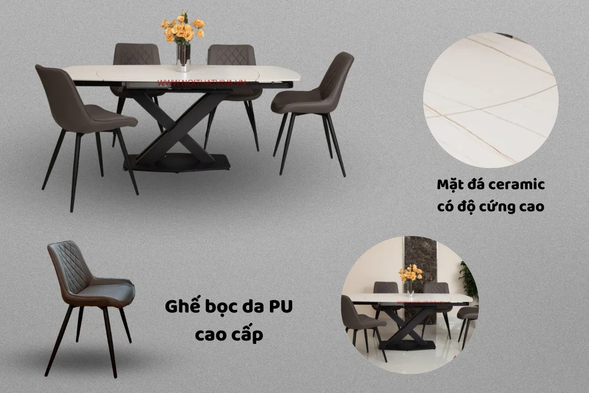 Bàn Ăn Mở Rộng Thông Minh Mặt Đá Ceramic Chân Sắt Đẹp Hiện Đại