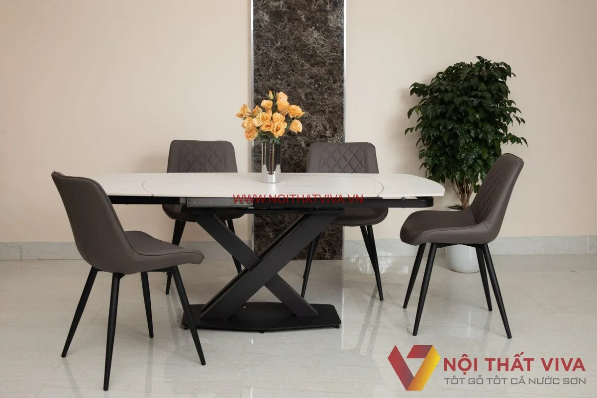 Bàn Ăn Mở Rộng Thông Minh Mặt Đá Ceramic Chân Sắt Đẹp Hiện Đại