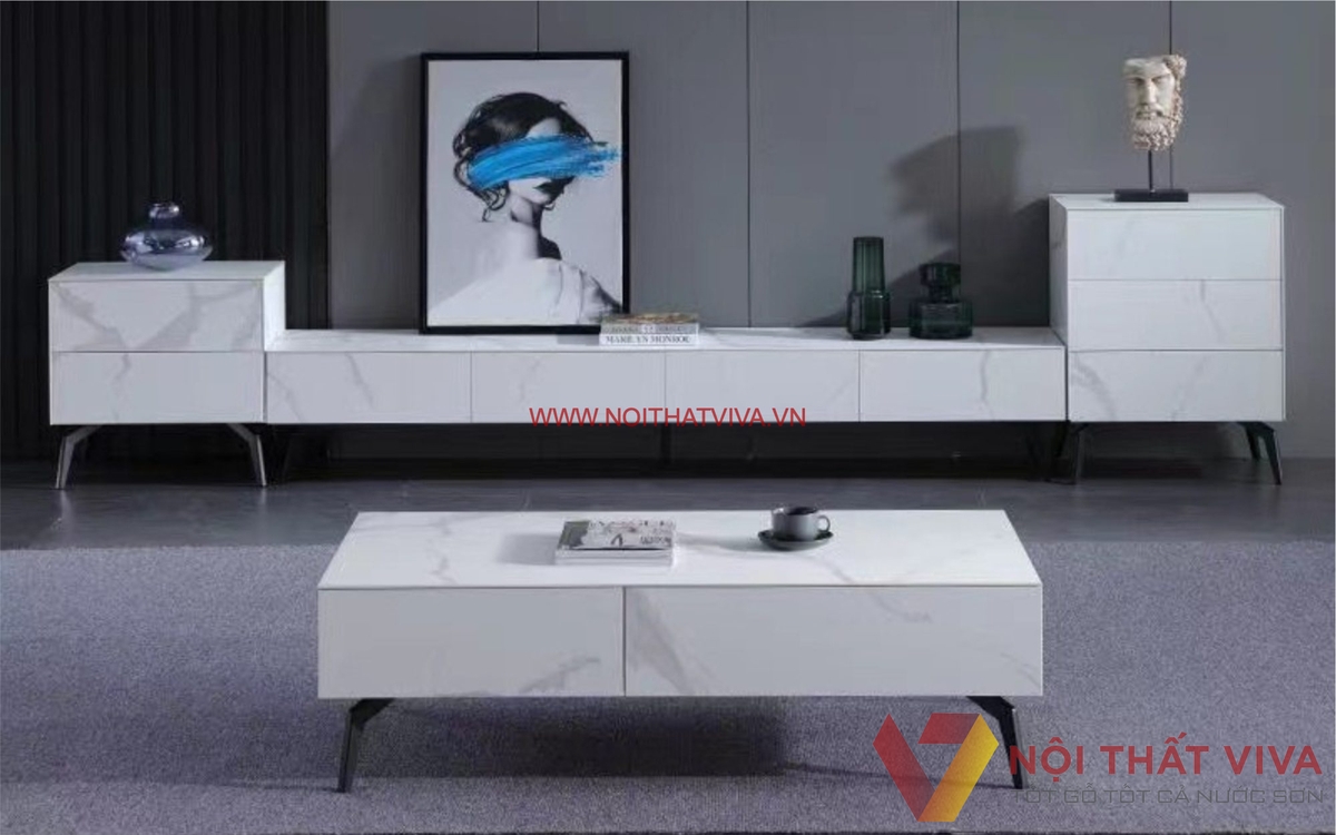 Bàn Trà Gỗ Công Nghiệp Bề Mặt Giả Đá và Kệ Tivi Đẹp Cực Sang Giá Tốt
