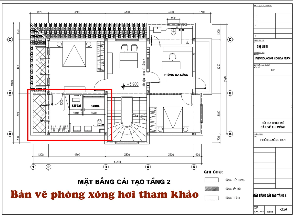 Bản vẽ phòng xông hơi chi tiết, dễ đọc.