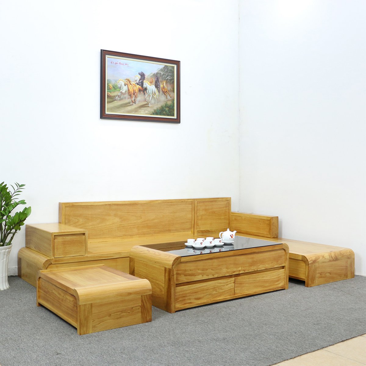 Bộ Sofa Gỗ Gõ Đỏ Nguyên Khối Chữ L Đẹp Hiện Đại 4 Món Sang Trọng