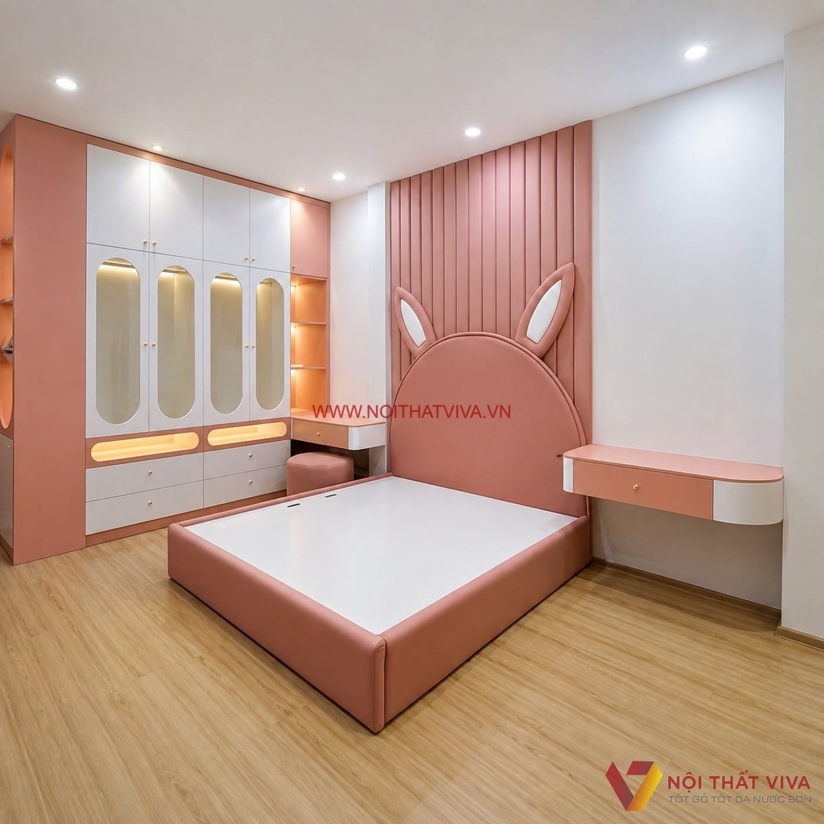 Combo nội thất ph&ograve;ng ngủ trẻ em m&agrave;u hồng dễ thương