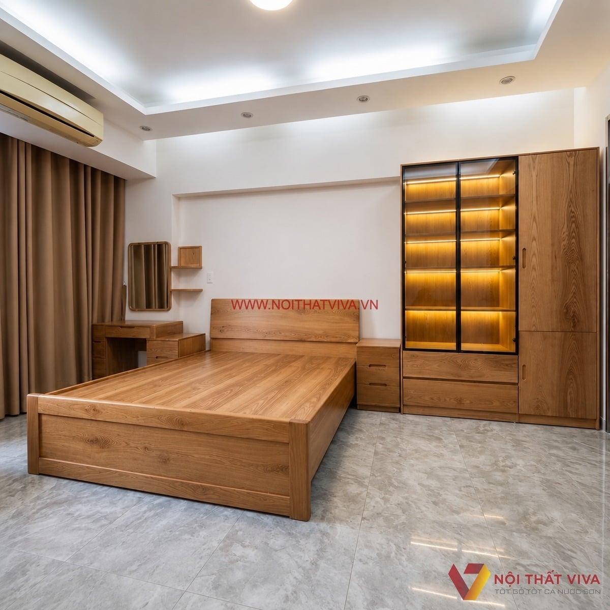 Combo nội thất ph&ograve;ng ngủ gỗ tự nhi&ecirc;n k&egrave;m tủ trang tr&iacute; đ&egrave;n LED