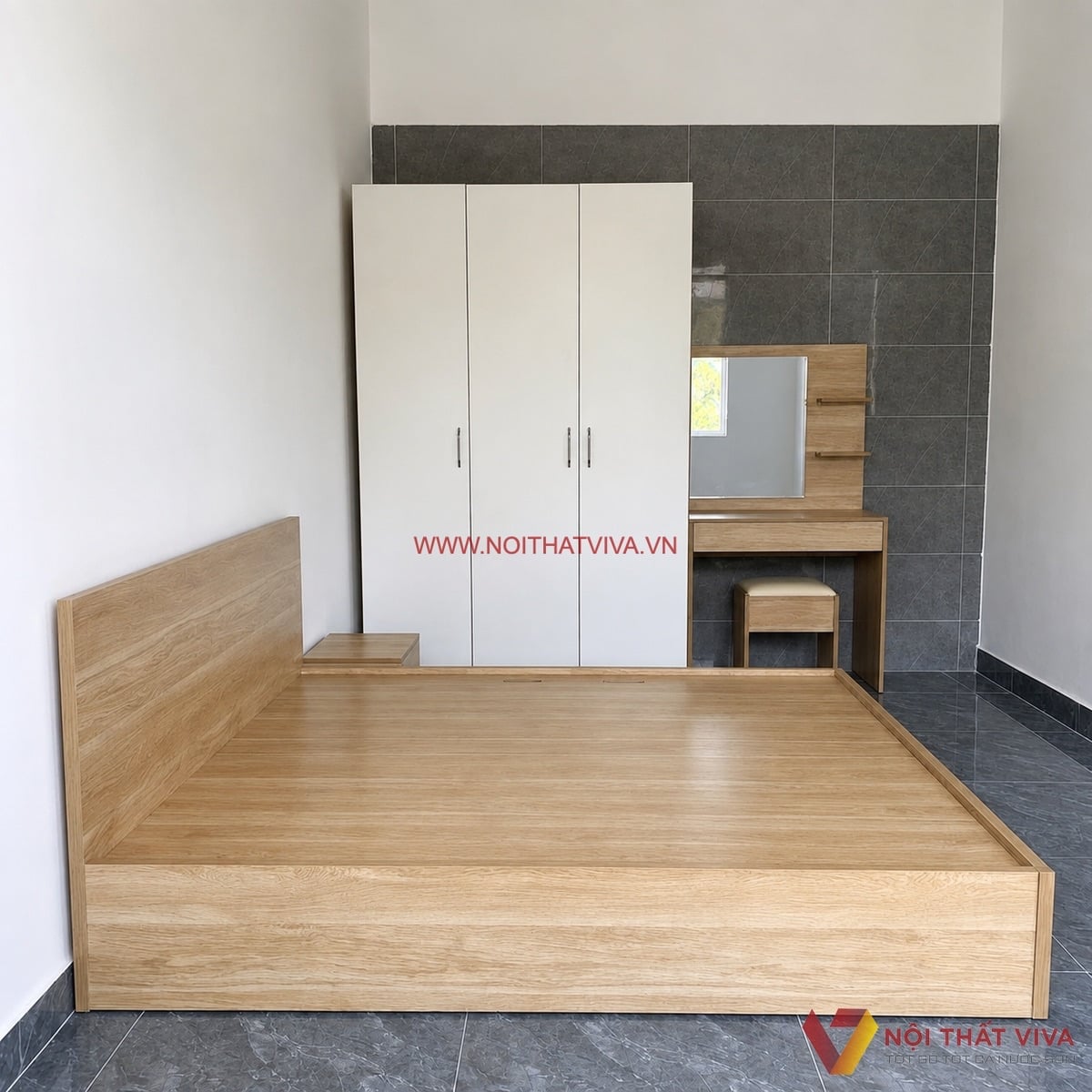 Combo nội thất ph&ograve;ng ngủ gỗ c&ocirc;ng nghiệp gồm giường, tủ &aacute;o v&agrave; b&agrave;n trang điểm