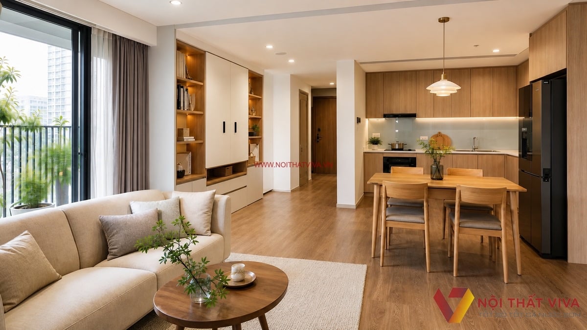 Combo nội thất nh&agrave; phố với ph&ograve;ng kh&aacute;ch liền bếp tho&aacute;ng rộng