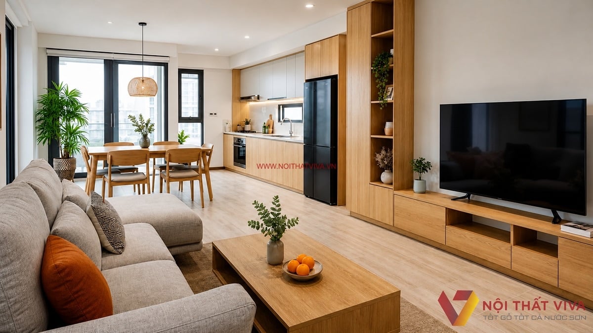Combo nội thất nh&agrave; bếp gỗ c&ocirc;ng nghiệp kết hợp b&agrave;n ăn v&agrave; ph&ograve;ng kh&aacute;ch