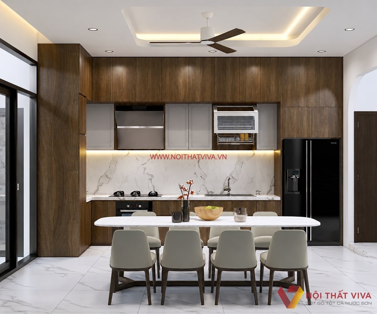 Combo nội thất ph&ograve;ng bếp với tủ bếp gỗ v&agrave; b&agrave;n ăn 8 ghế