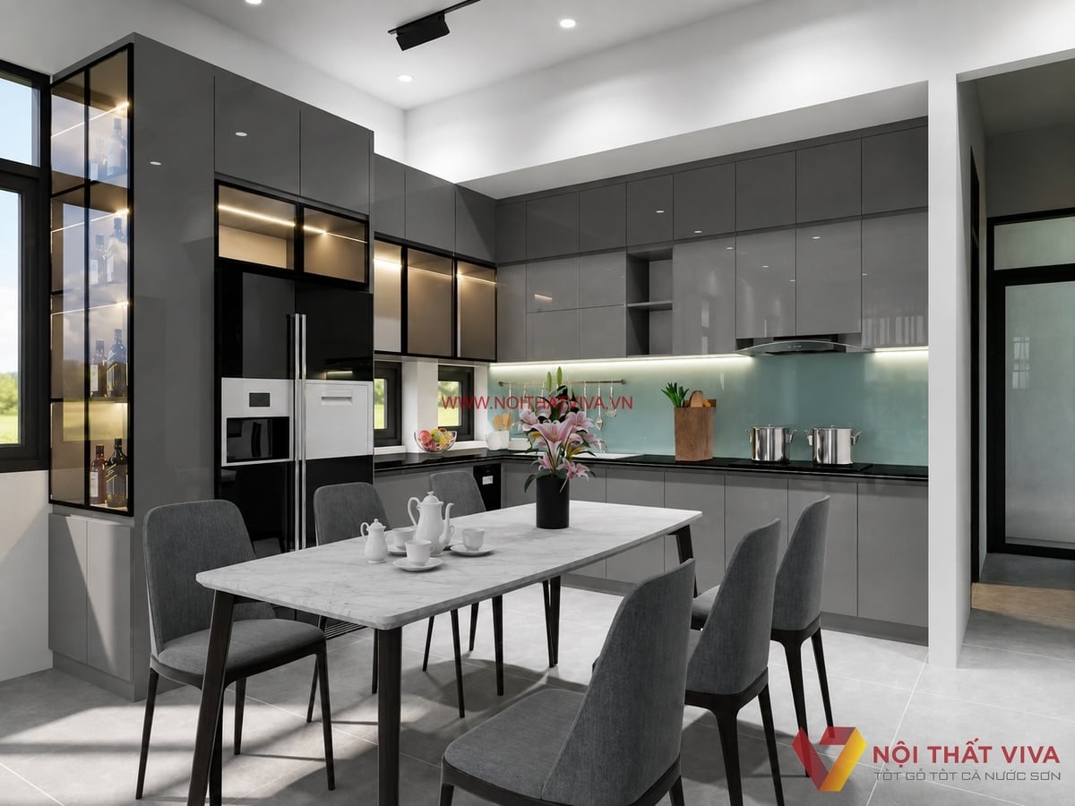 Combo nội thất nh&agrave; bếp cao cấp với tủ bếp b&oacute;ng gương v&agrave; b&agrave;n ăn
