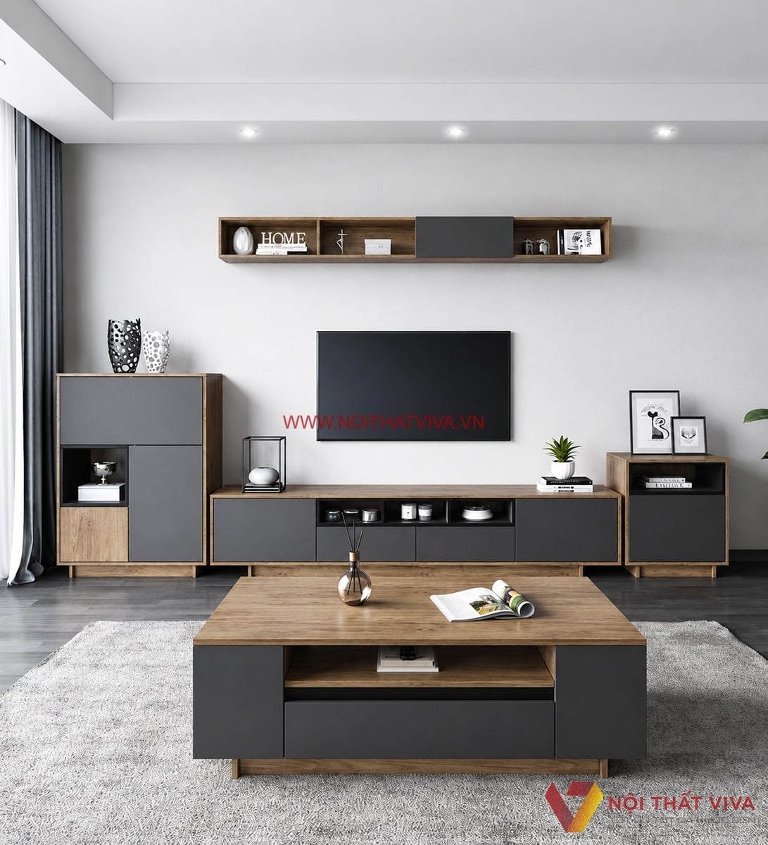 Combo nội thất ph&ograve;ng kh&aacute;ch đồng bộ kệ tivi, b&agrave;n tr&agrave; v&agrave; tủ trang tr&iacute;