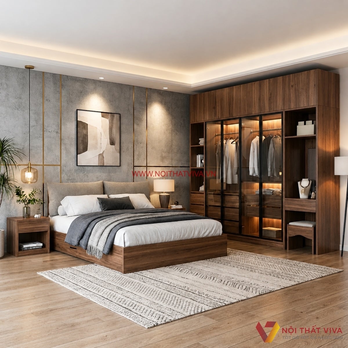 Combo nội thất biệt thự với giường ngủ v&agrave; tủ &aacute;o c&aacute;nh k&iacute;nh bề thế