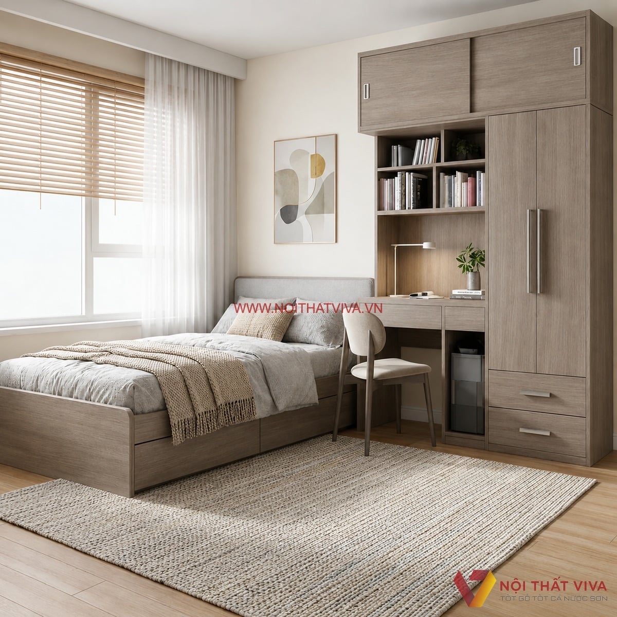 Combo nội thất căn hộ chung cư kết hợp giường, b&agrave;n l&agrave;m việc v&agrave; tủ &aacute;o