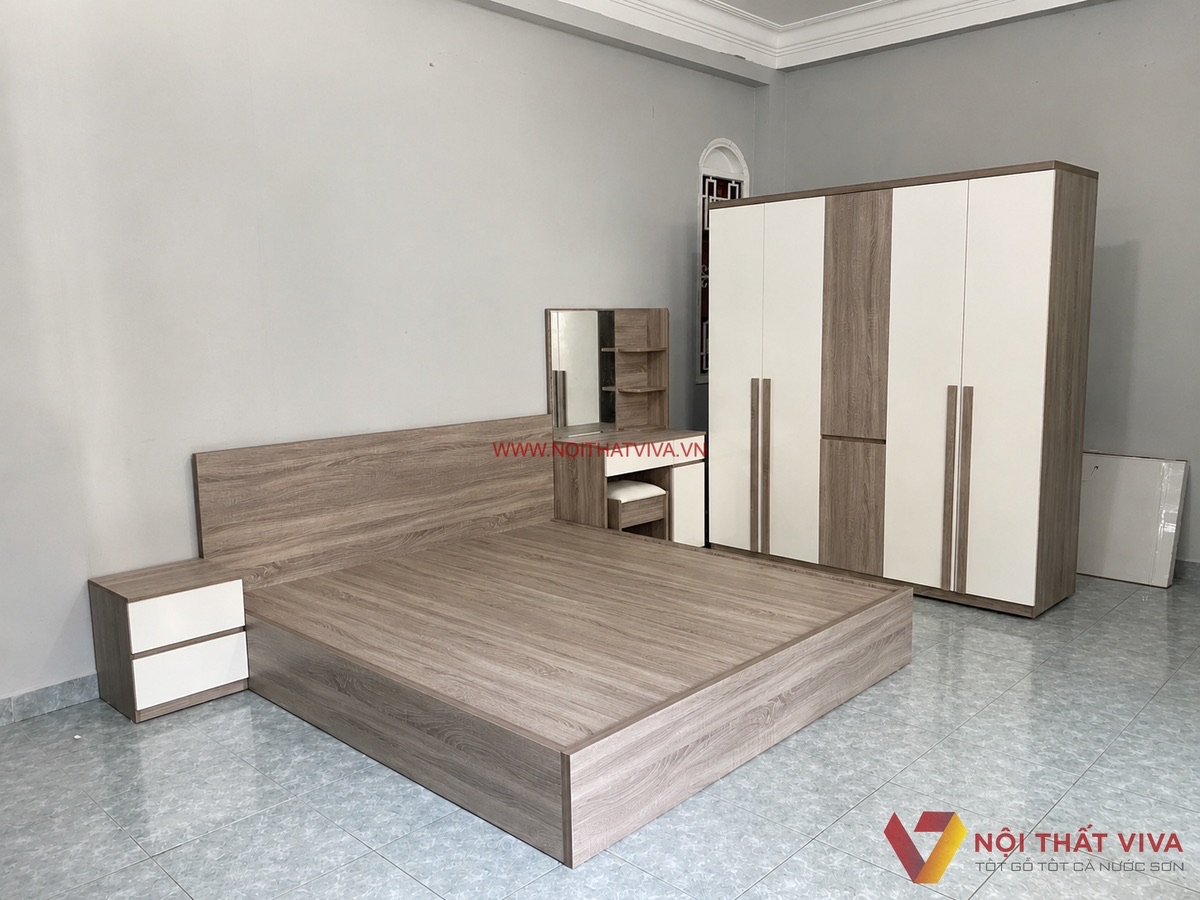 Combo nội thất ph&ograve;ng ngủ giường, tủ &aacute;o, b&agrave;n trang điểm đ&atilde; lắp đặt ho&agrave;n thiện