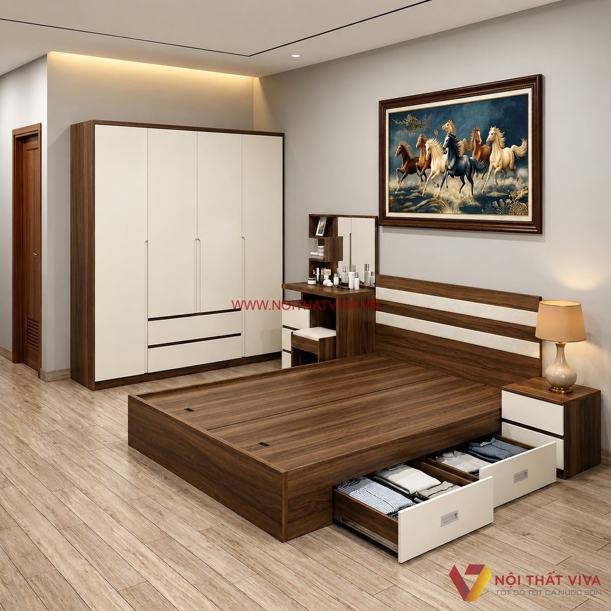 Combo nội thất giường tủ ph&ograve;ng ngủ v&acirc;n gỗ &oacute;c ch&oacute; k&egrave;m b&agrave;n trang điểm