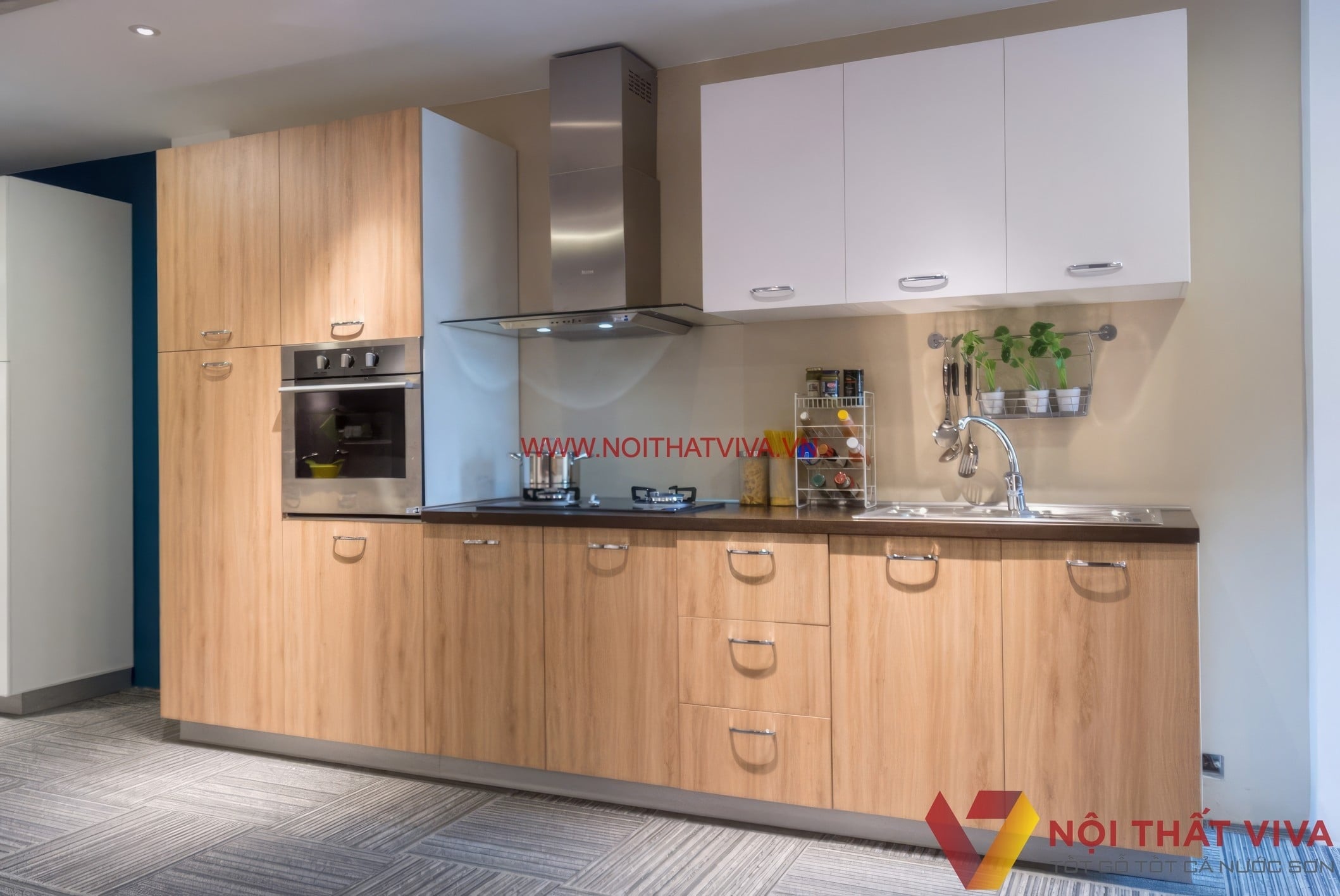 Tủ bếp gỗ c&ocirc;ng nghiệp MDF phủ Melamine