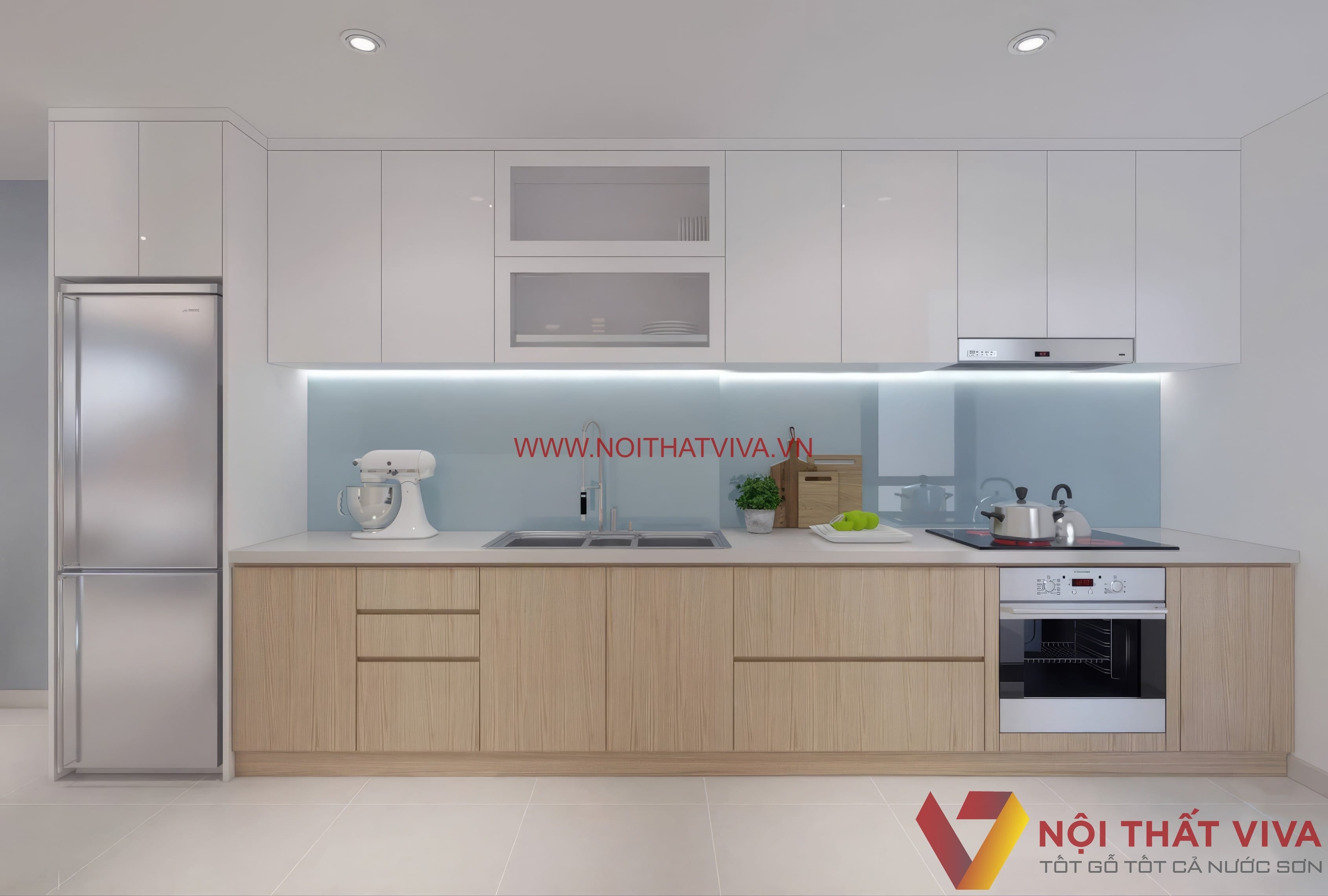Tủ bếp chữ I gỗ c&ocirc;ng nghiệp MDF hiện đại