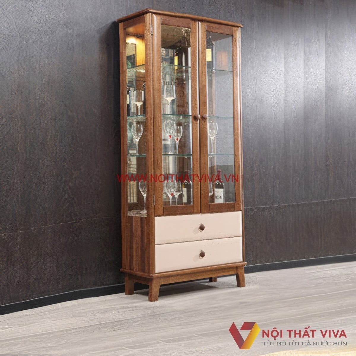 Tủ rượu gỗ tự nhi&ecirc;n trưng b&agrave;y ph&ograve;ng bếp