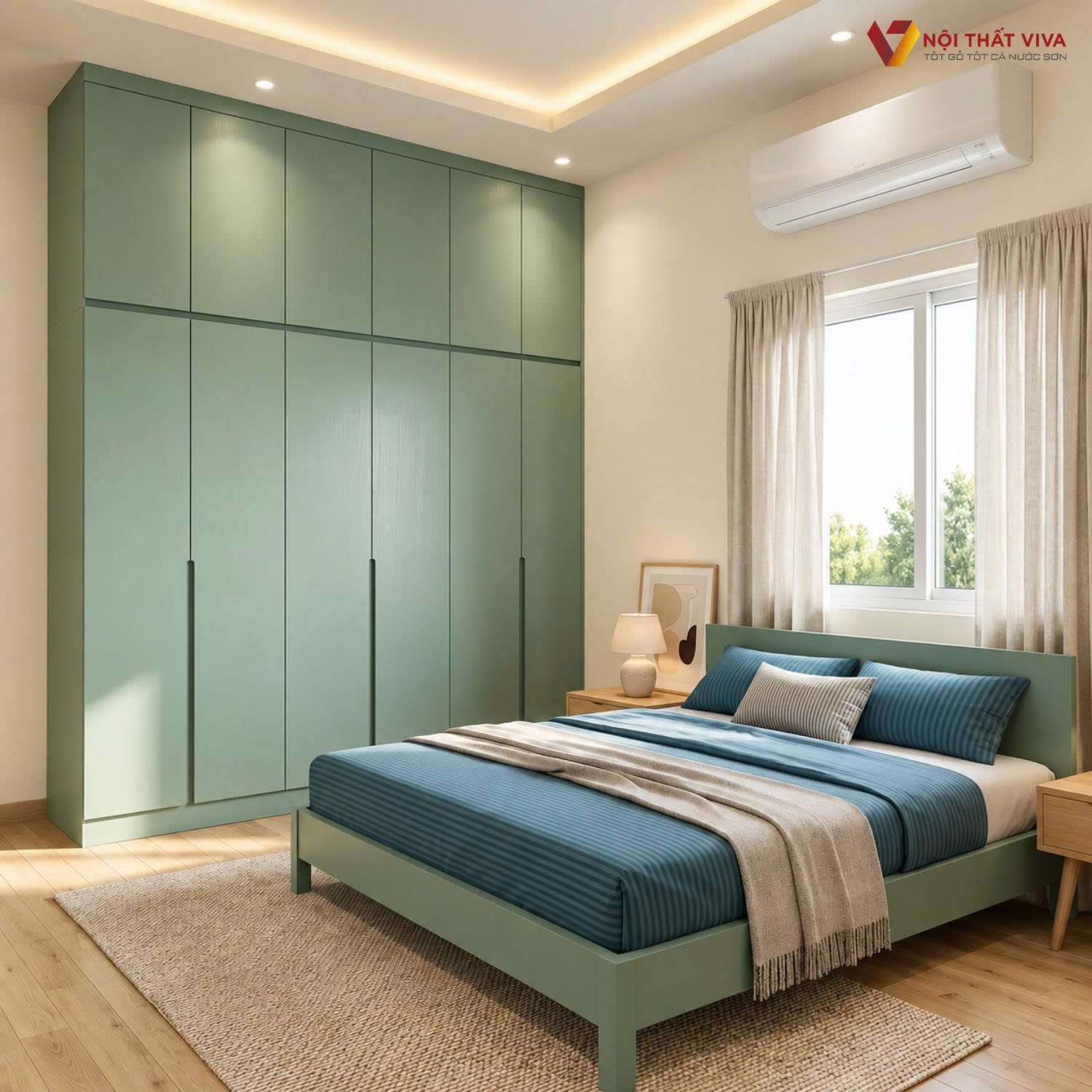 Ph&ograve;ng ngủ hiện đại sử dụng nội thất gỗ c&ocirc;ng nghiệp