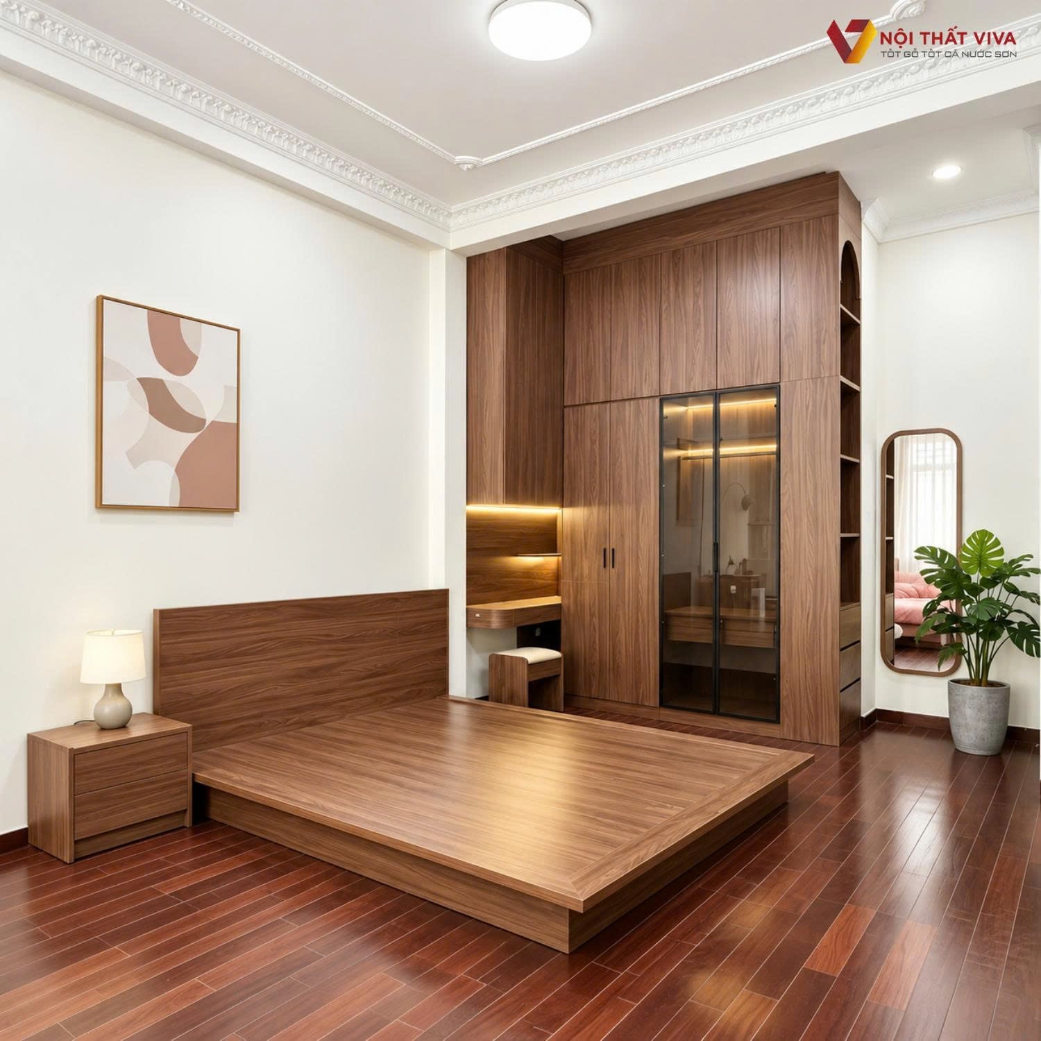 Ph&ograve;ng ngủ hiện đại với nội thất gỗ c&ocirc;ng nghiệp