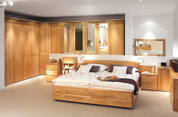 Combo phòng ngủ gỗ tự nhiên đồng nhất phong cách tạo không gian hài hòa, thẩm mỹ.
