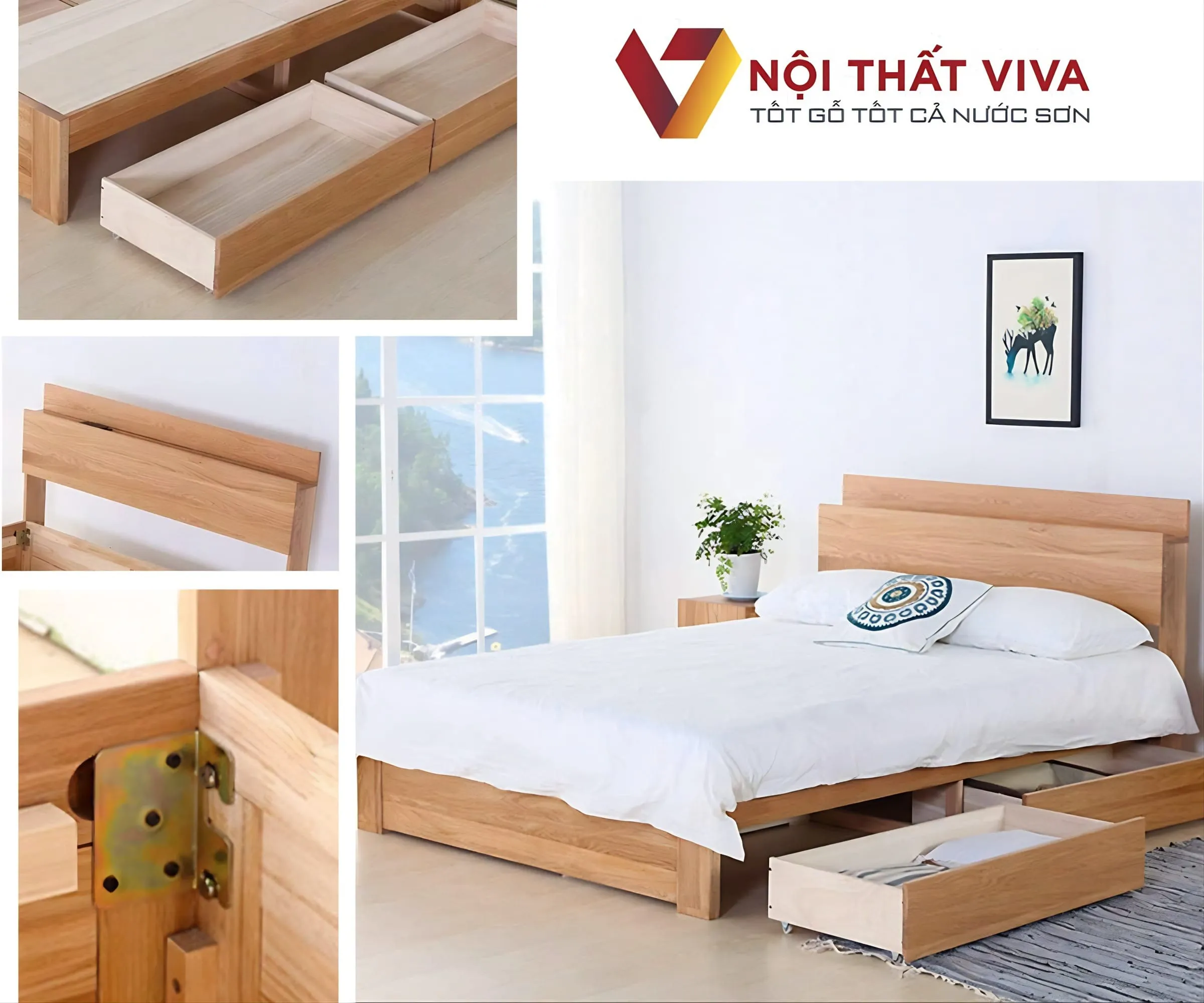 Giường Gỗ Sồi Hiện Đại Có Hộc Kéo Và Ngăn Chứa Đồ Tiện Dụng Tinh Tế