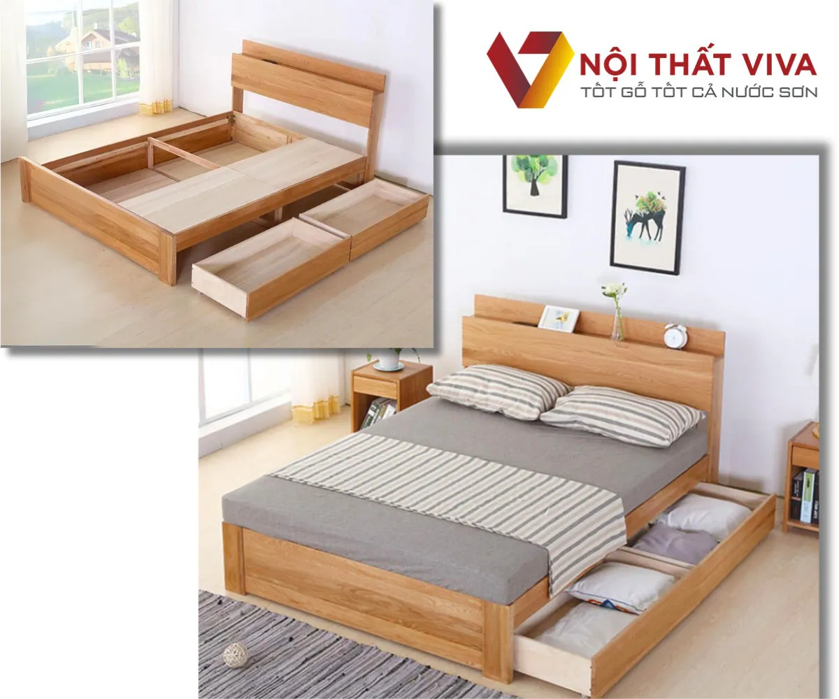 Giường Gỗ Sồi Hiện Đại Có Hộc Kéo Và Ngăn Chứa Đồ Tiện Dụng Tinh Tế