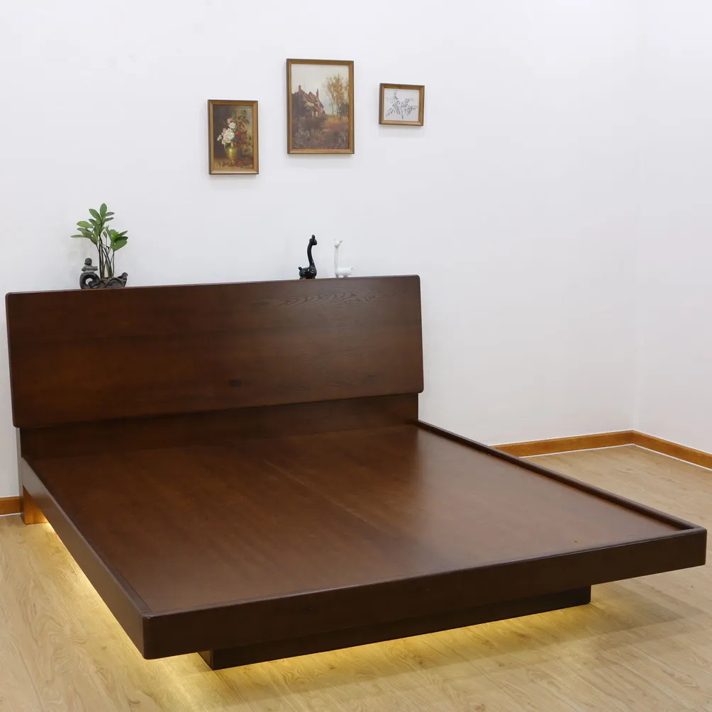 Giường Gỗ Sồi Kiểu Nhật Sơn Màu Óc Chó Bo Góc Mềm Mại