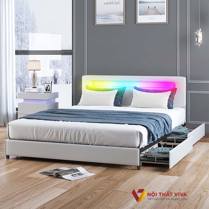 Mẫu giường gỗ MDF thông minh kết hợp đèn chiếu sáng.