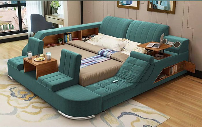 Mẫu giường gỗ thông minh kết hợp bàn tiếp khách, bàn làm việc hiện đại.