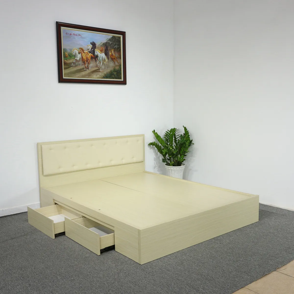 Giường Gỗ Có Hộc Kéo Màu Vàng Kem Gỗ MDF Melamine + Đầu Nệm Đẹp