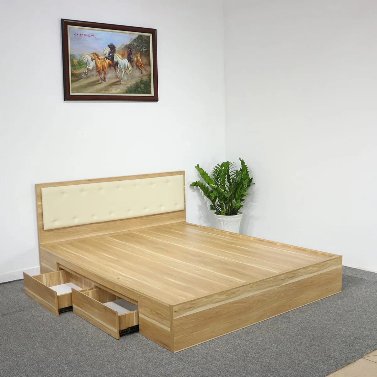 Mẫu Giường Hiện Đại Gỗ MDF Melamine Vân Gỗ Vàng Sọc Có Hộc Kéo + Đầu Nệm Kem Đẹp