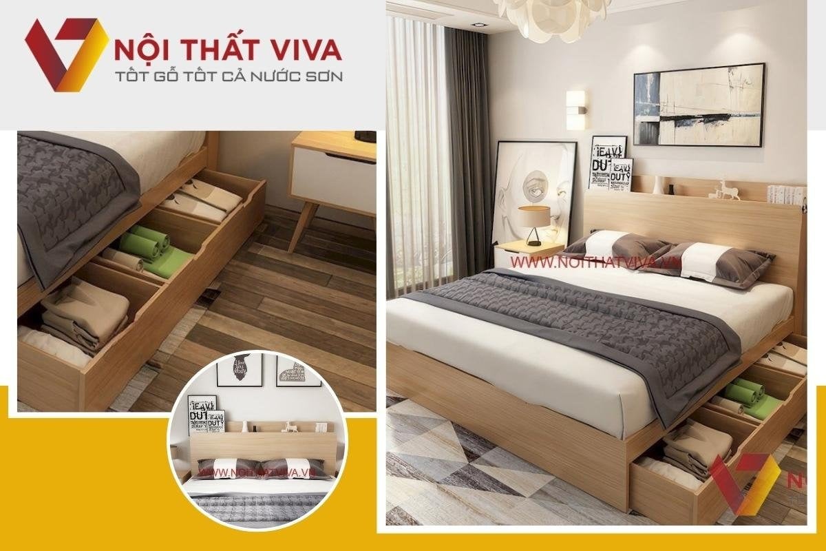 Giường Ngủ Hiện Đại Gỗ Công Nghiệp MDF Melamine Màu Vàng Vân Gỗ Giá Rẻ