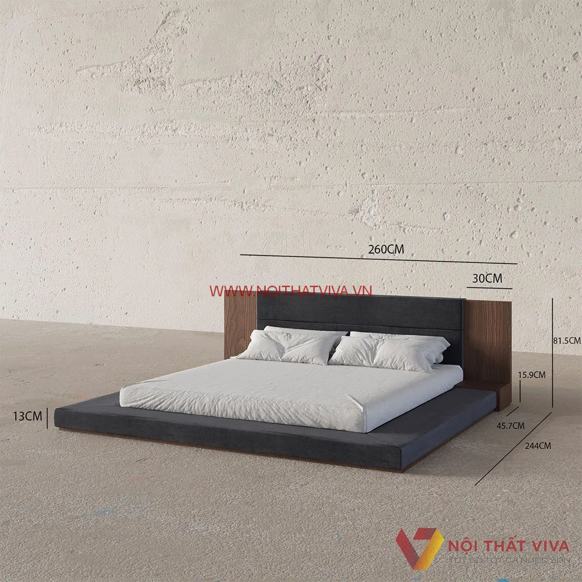 Minh họa kích thước giường kiểu Nhật gỗ tự nhiên đơn giản.