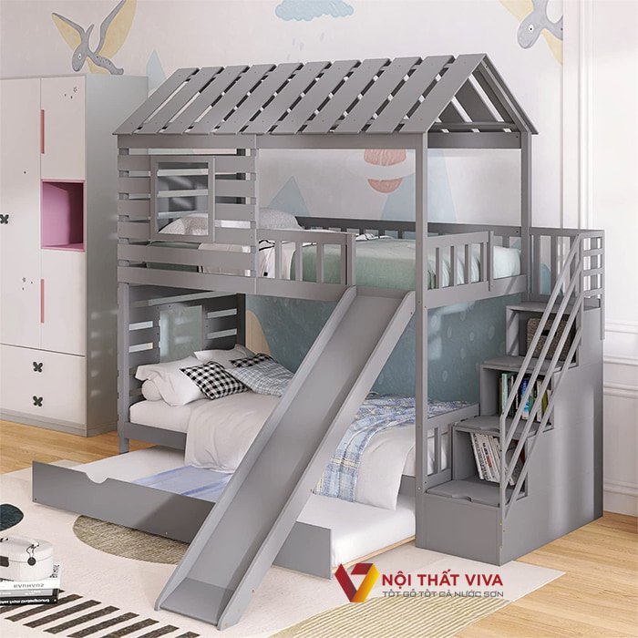 Giường tầng gỗ thông minh đẹp có giường ngủ phụ, cầu thang trượt và bậc thang kiêm tủ đồ.