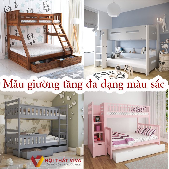 Các mẫu giường tầng gỗ đẹp, đa dạng màu sắc để các gia đình lựa chọn.