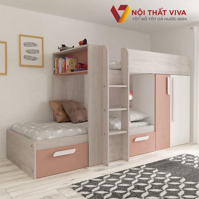 Giường tầng gỗ thông minh kết hợp tủ quần áo, có tủ để đồ, giá sách, vách ngăn cao an toàn.