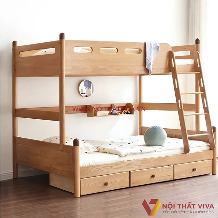 ​​​​​​​Mẫu giường tầng trẻ em gỗ sồi chắc chắn, đẹp hút mắt, có thêm hộc tủ để đồ tiện lợi.