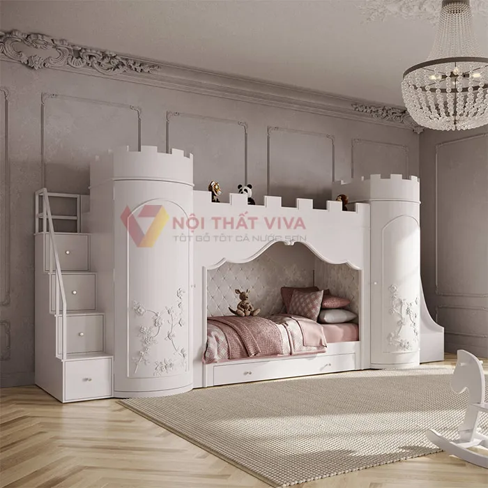 Mẫu giường 2 tầng trẻ em thiết kế lâu đài đẹp, có hộc tủ và tủ quần áo thông minh.