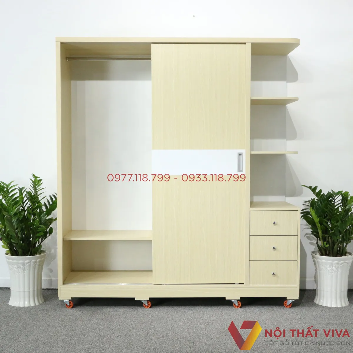 Tủ Quần Áo Cánh Trượt Có Kệ Trang Trí Gỗ MDF Màu Vàng Chỉ Trắng