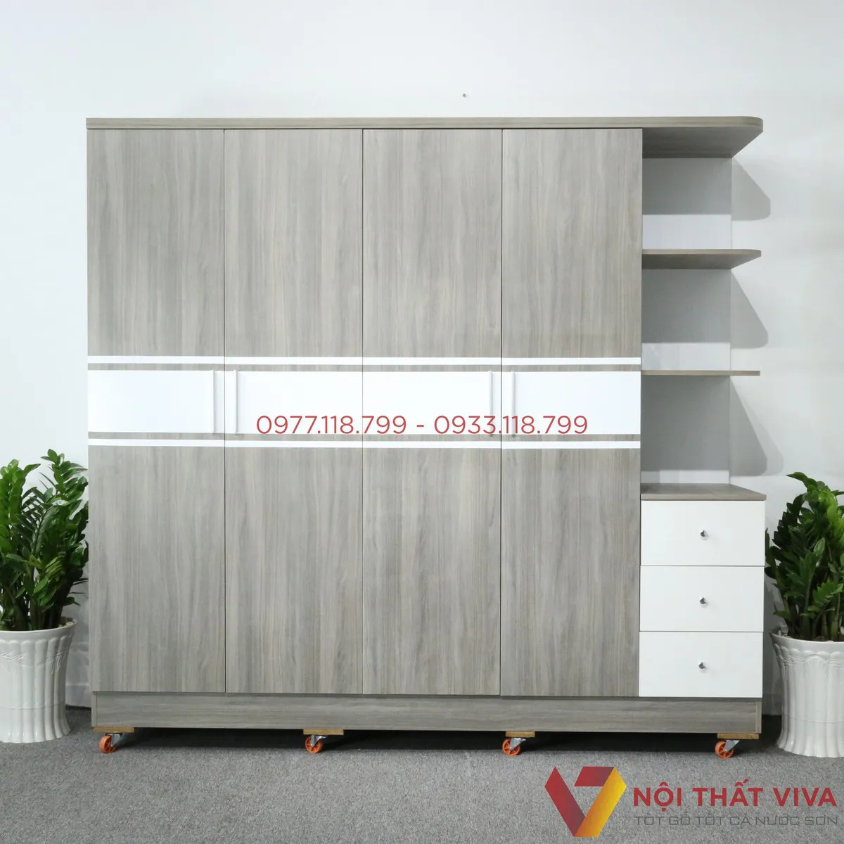 Tủ MDF 4 Cánh Có Kệ Trang Trí Màu Sọc Xám Đẹp Hiện Đại