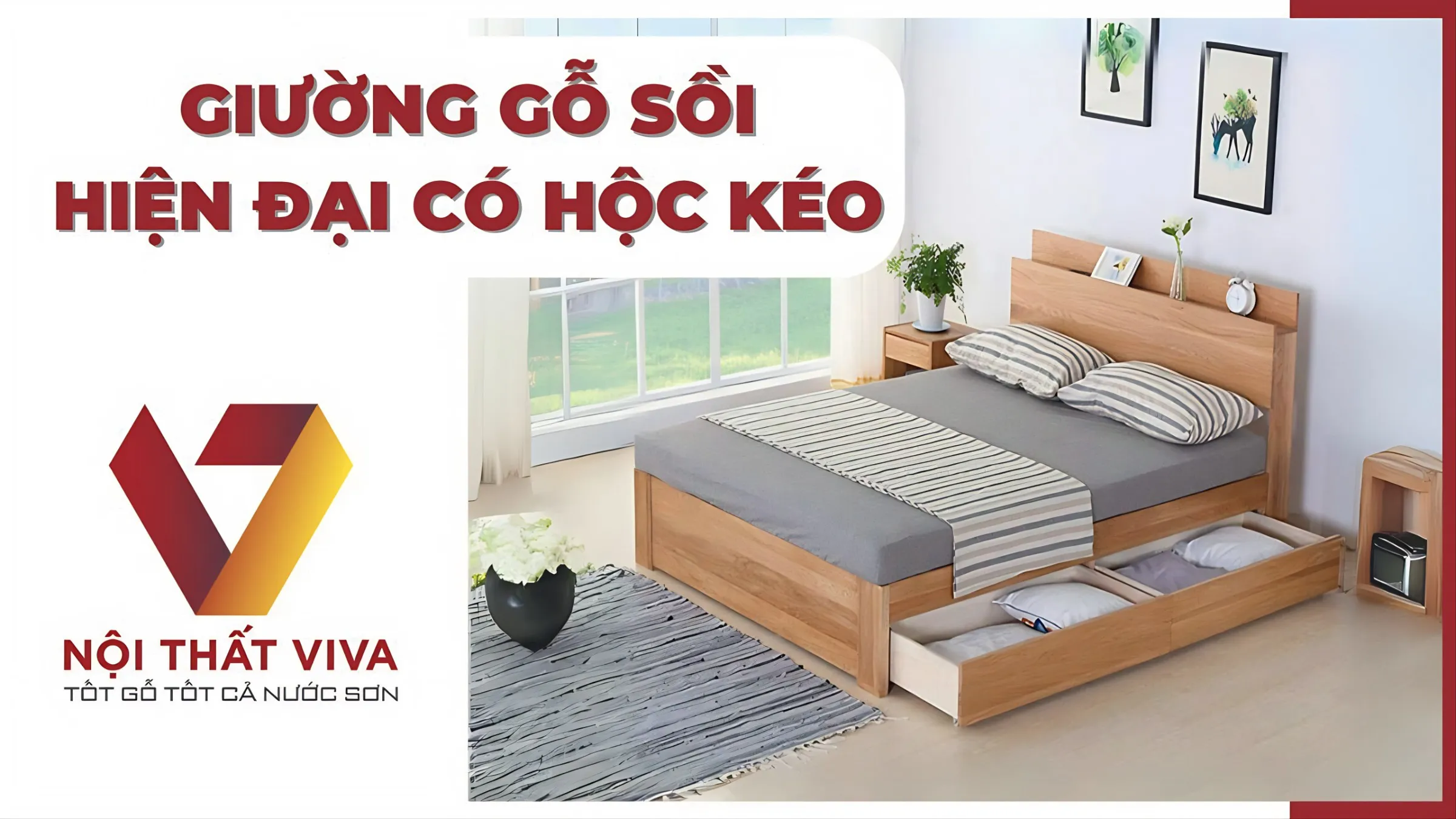 Giường Gỗ Sồi Hiện Đại Có Hộc Kéo Và Ngăn Chứa Đồ Tiện Dụng Tinh Tế