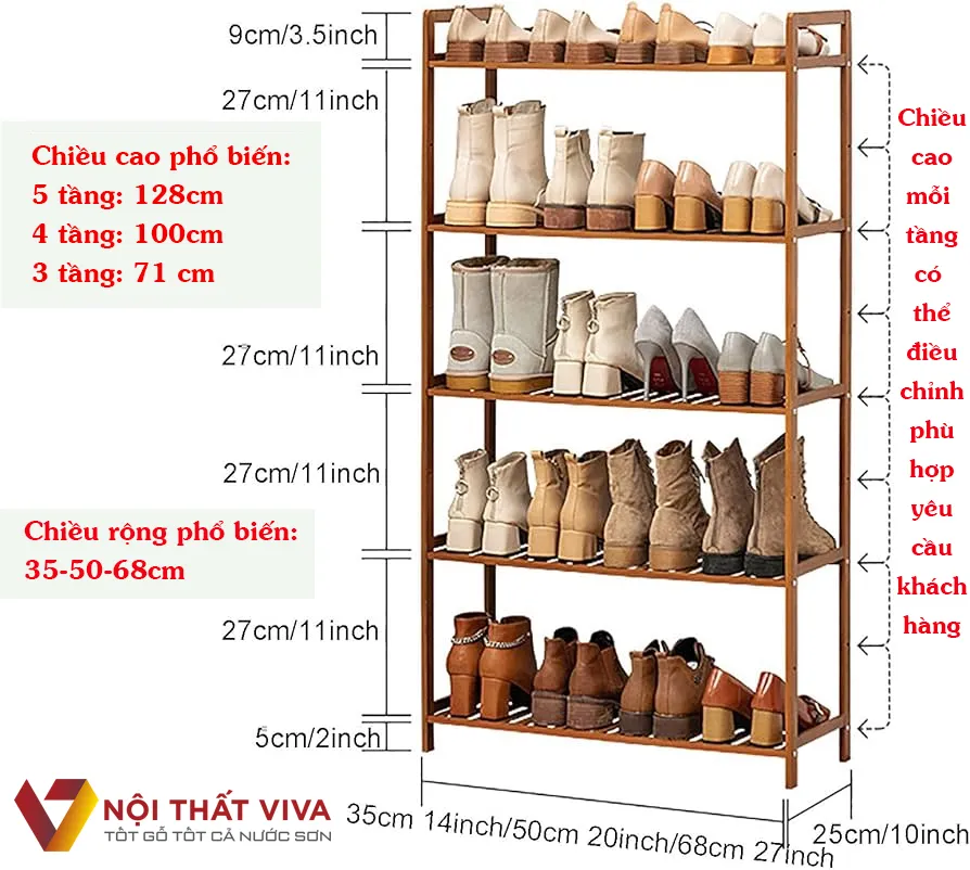 Kích thước kệ để giày dép gỗ tiêu chuẩn phổ biến nhất.