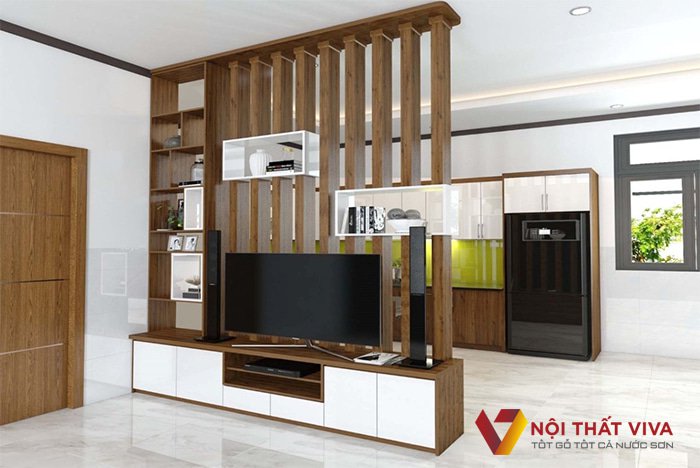 Kệ tivi gỗ công nghiệp kèm tủ trang trí đẹp làm vách ngăn phòng khách và phòng bếp.