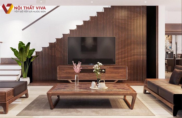 Mẫu kệ gỗ tivi phòng khách đẹp đơn giản mà sang trọng, hài hòa với không gian.