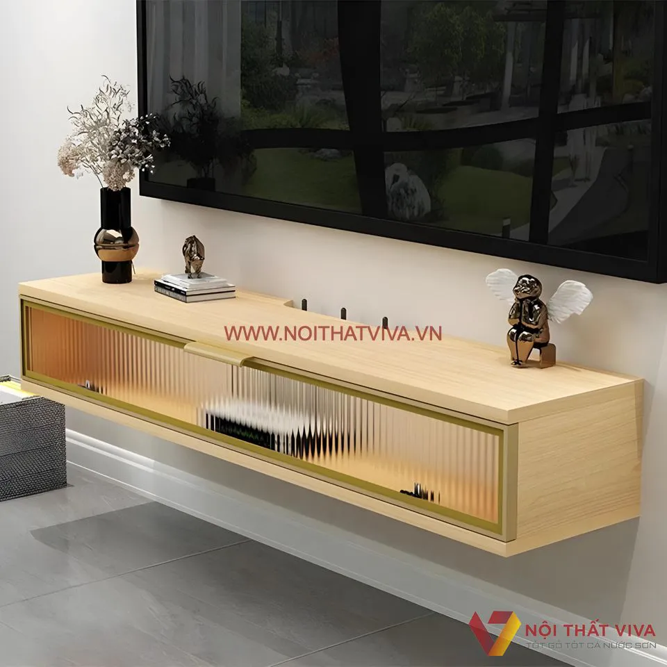 Kệ Tivi Treo Tường Đơn Giản Với Chất Liệu MDF Cánh Ốp Kính Hiện Đại