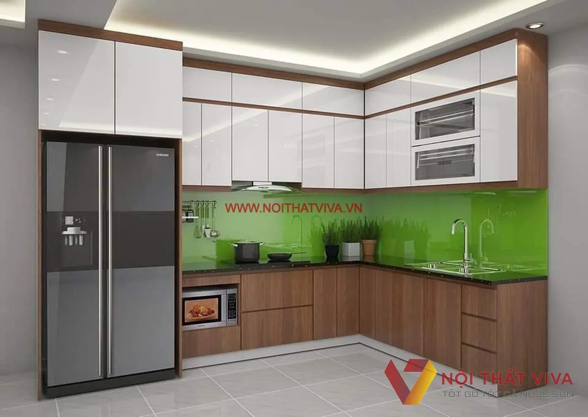 Mẫu Tủ Bếp Chữ L Gỗ Mdf Vân Gỗ Phối Trắng Phủ Acrylic Đẹp Giá Rẻ