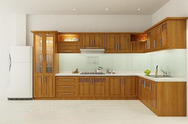 Mẫu tủ bếp gỗ chữ L đẹp, tiện sử dụng trong phòng bếp.