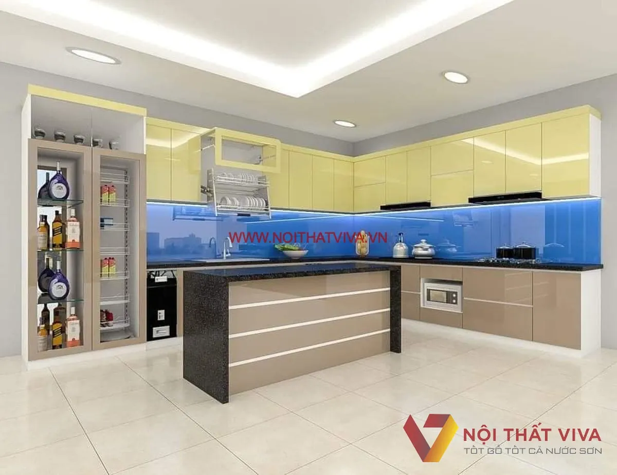 Mẫu Tủ Bếp Hình Chữ L Hiện Đại Gỗ Mdf Cánh Phủ Acrylic Kết Hợp Đảo Đá.