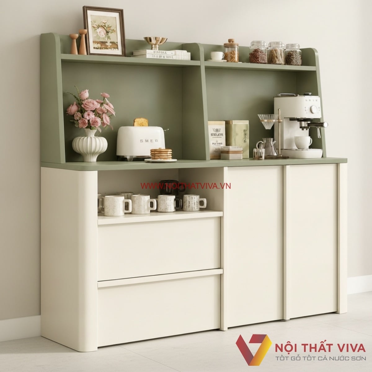Mẫu Tủ Đựng Ch&eacute;n B&aacute;t Bằng Gỗ C&ocirc;ng Nghiệp 2 Tầng M&agrave;u Xanh 